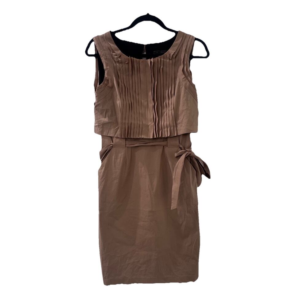 BCBG Womens Camel Caroline Sleeveless Pleated Dress Scoop Neck Lined 4 $258